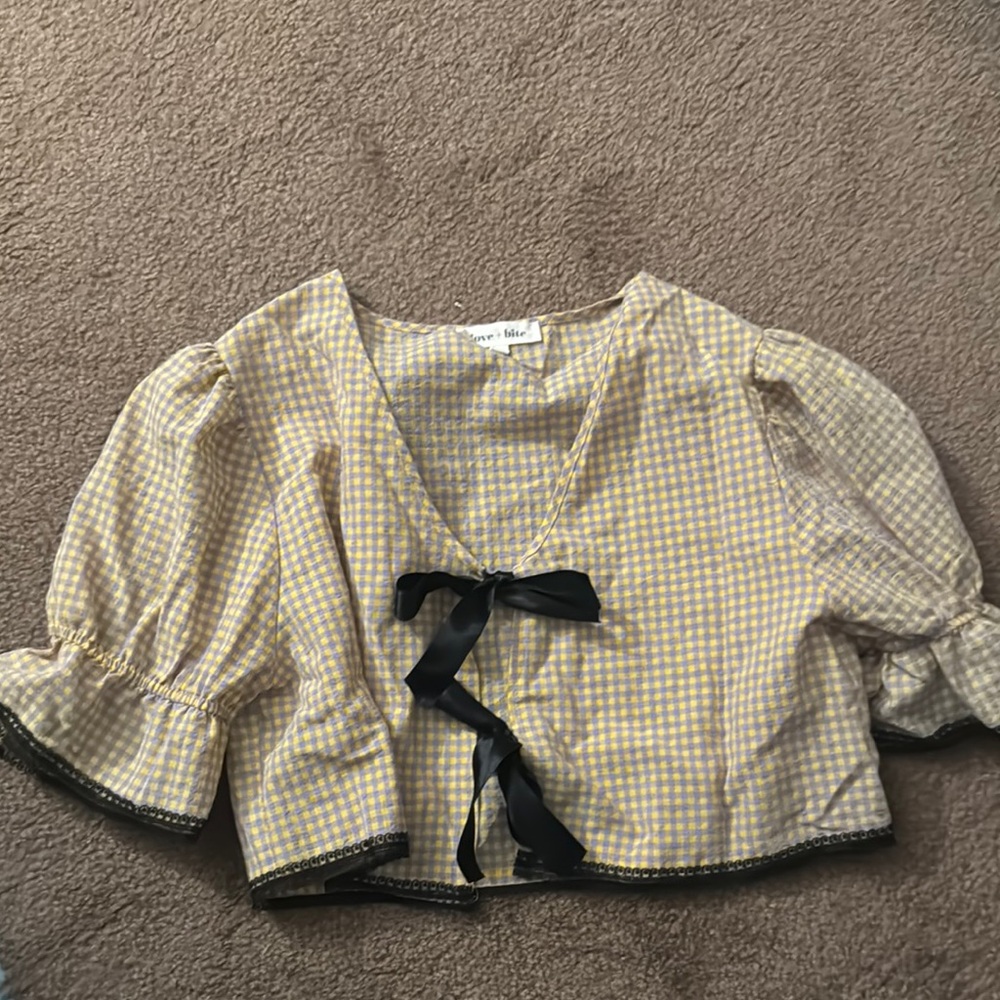 Yellow Gingham Puff Sleeve Top with Black Bow